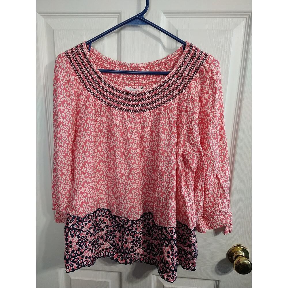 Fever Women S Flowy Boho Embroidered Wide Hem Blouse Pink White Navy pullover